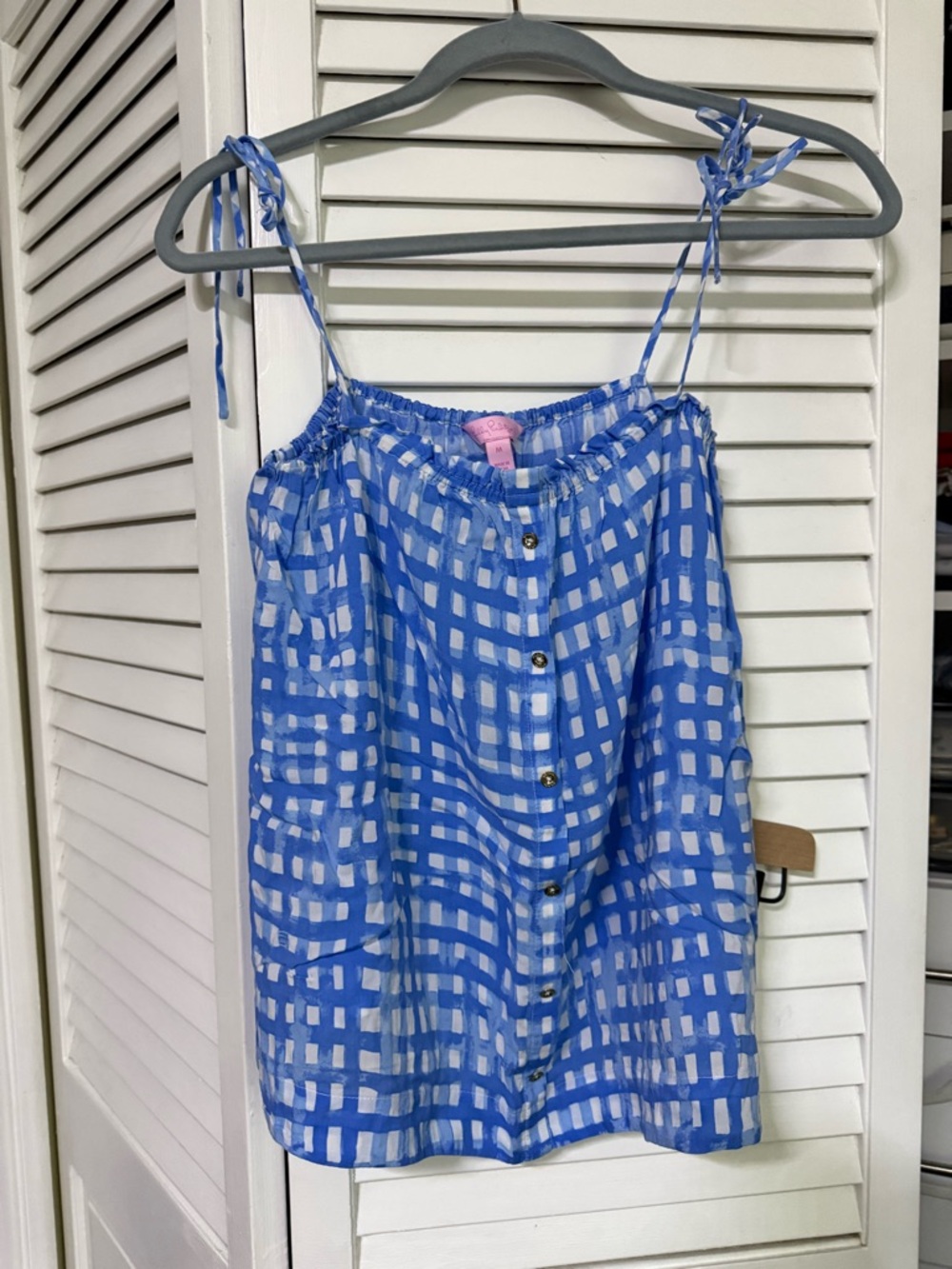 Lilly Pulitzer Blue & White Checkered Tie-Strap Button Front Tank